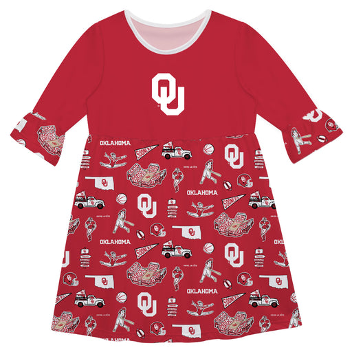 Oklahoma Sooners 3/4 Sleeve Solid Red Repeat Print Hand Sketched Vive La Fete Impressions Artwork on Skirt