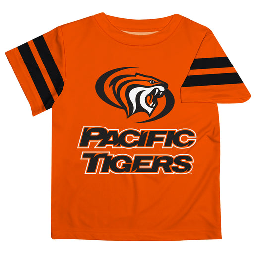 Pacific Tigers Vive La Fete Boys Game Day Orange Short Sleeve Tee with Stripes on Sleeves