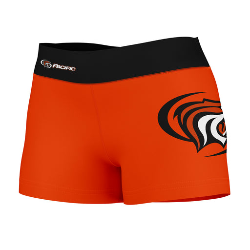 Pacific Tigers Vive La Fete Logo on Thigh & Waistband Orange Black Women Yoga Booty Workout Shorts 3.75 Inseam