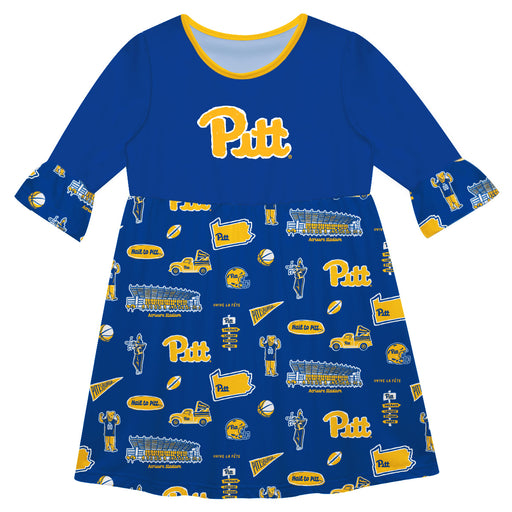 Pittsburgh Panthers UP 3/4 Sleeve Solid Blue Repeat Print Hand Sketched Vive La Fete Impressions Artwork on Skirt