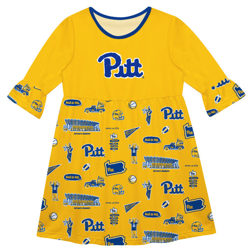 Pittsburgh Panthers UP 3/4 Sleeve Solid Gold Repeat Print Hand Sketched Vive La Fete Impressions Artwork on Skirt