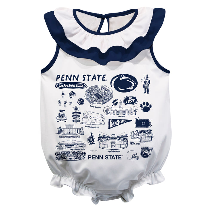 Penn State Nittany Lions  White Hand Sketched Vive La Fete Impressions Artwork Sleeveless Ruffle Onesie Bodysuit