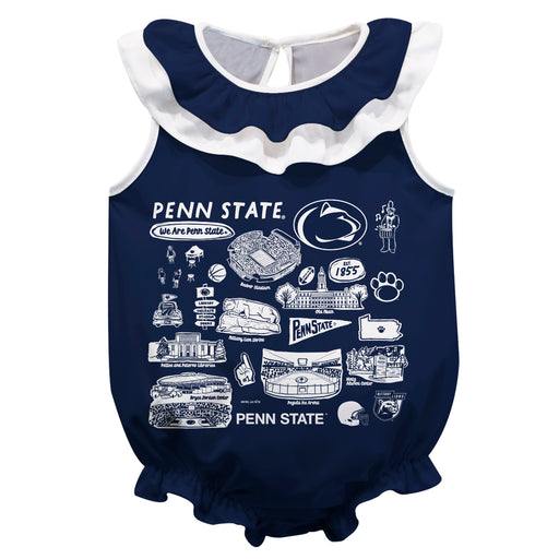 Penn State Nittany Lions  Navy Hand Sketched Vive La Fete Impressions Artwork Sleeveless Ruffle Onesie Bodysuit