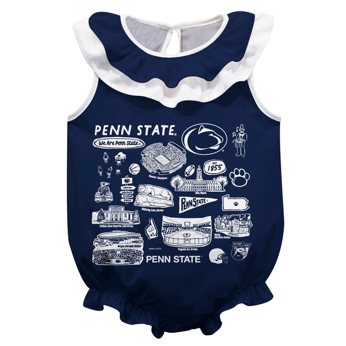 Penn State Nittany Lions  Navy Hand Sketched Vive La Fete Impressions Artwork Sleeveless Ruffle Onesie Bodysuit