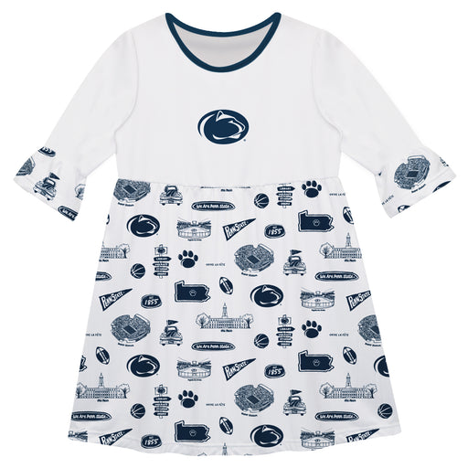 Penn State Nittany Lions 3/4 Sleeve Solid White Repeat Print Hand Sketched Vive La Fete Impressions Artwork on Skirt