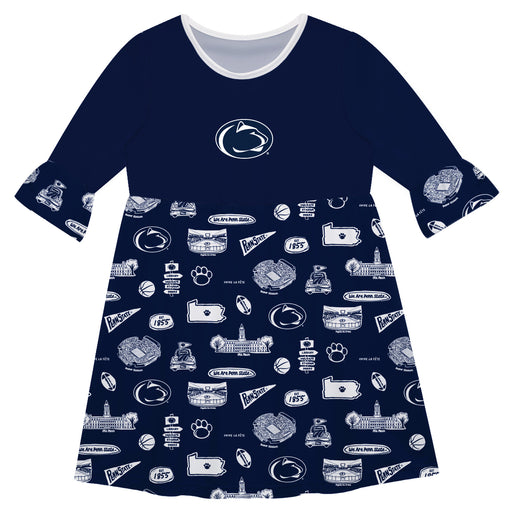 Penn State Nittany Lions 3/4 Sleeve Solid Navy Repeat Print Hand Sketched Vive La Fete Impressions Artwork on Skirt