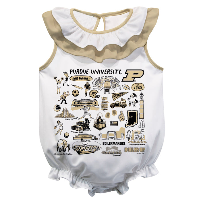 Purdue University Boilermakers  White Hand Sketched Vive La Fete Impressions Artwork Sleeveless Ruffle Onesie Bodysuit