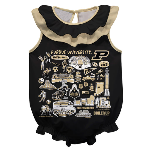 Purdue University Boilermakers  Black Hand Sketched Vive La Fete Impressions Artwork Sleeveless Ruffle Onesie Bodysuit