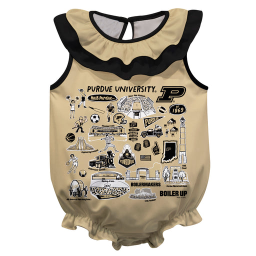 Purdue University Boilermakers  Gold Hand Sketched Vive La Fete Impressions Artwork Sleeveless Ruffle Onesie Bodysuit