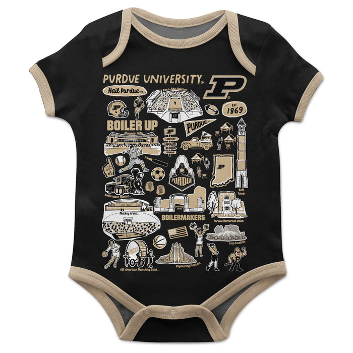 Purdue University Boilermakers Hand Sketched Vive La Fete Impressions Artwork Infant Black Short Sleeve Onesie Bodysuit