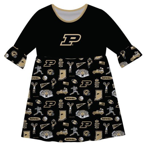 Purdue Boilermakers 3/4 Sleeve Solid Black Repeat Print Hand Sketched Vive La Fete Impressions Artwork on Skirt