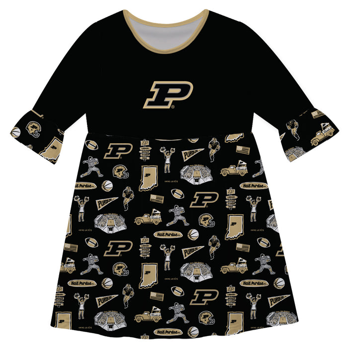 Purdue Boilermakers 3/4 Sleeve Solid Black Repeat Print Hand Sketched Vive La Fete Impressions Artwork on Skirt