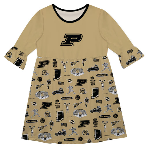 Purdue Boilermakers 3/4 Sleeve Solid Gold Repeat Print Hand Sketched Vive La Fete Impressions Artwork on Skirt