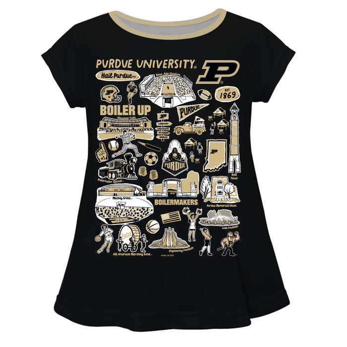 Purdue University Boilermakers Hand Sketched Vive La Fete Impressions Artwork Black Short Sleeve Top