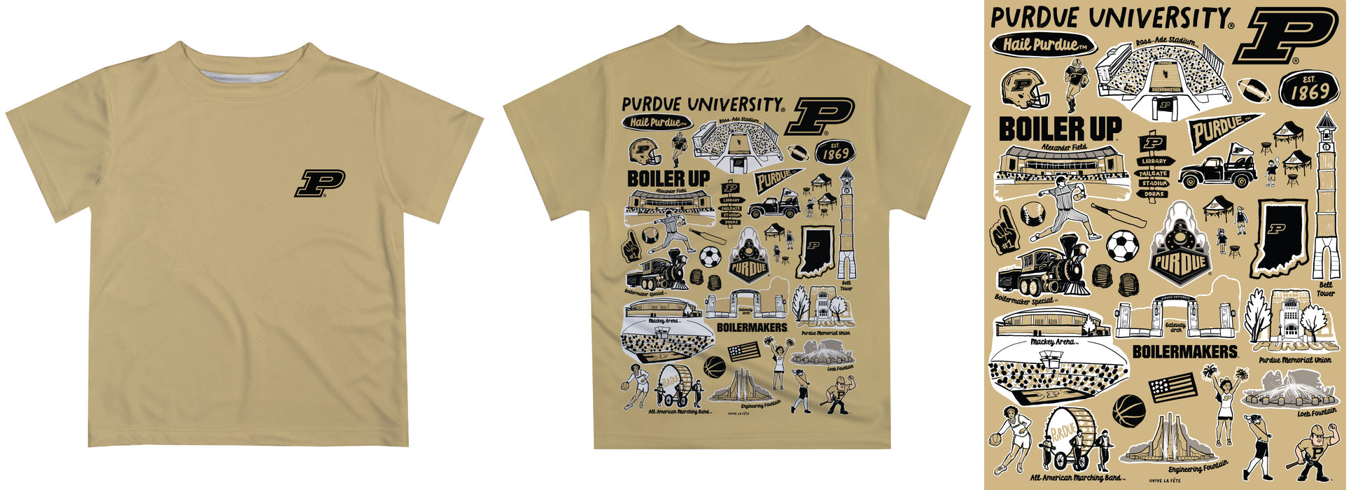 Purdue University Boilermakers Hand Sketched Vive La Fete Impressions Artwork Boys Gold Short Sleeve Tee Shirt - Vive La Fête - Online Apparel Store