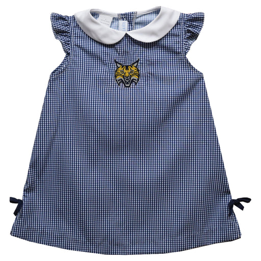 Quinnipiac University Bobcats Embroidered Navy Gingham  A Line Dress