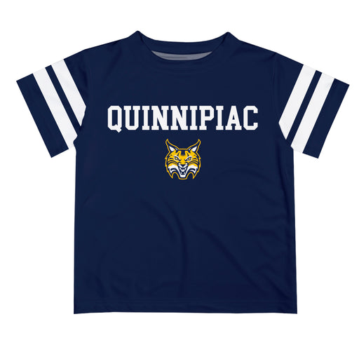 Quinnipiac Bobcats Vive La Fete Boys Game Day Navy Short Sleeve Tee with Stripes on Sleeves