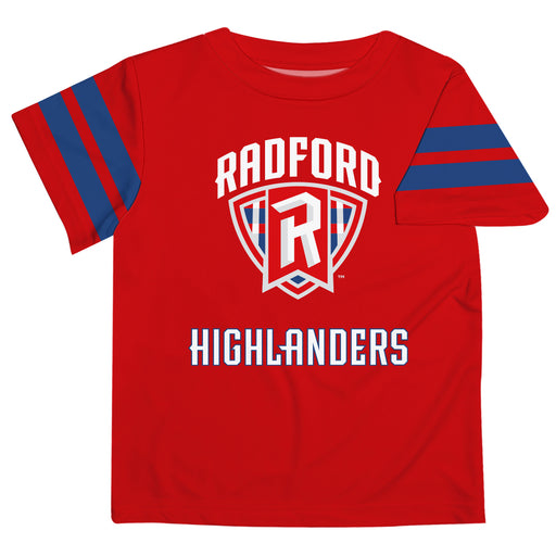 Radford University Highlanders Vive La Fete Boys Game Day Red Short Sleeve Tee with Stripes on Sleeves