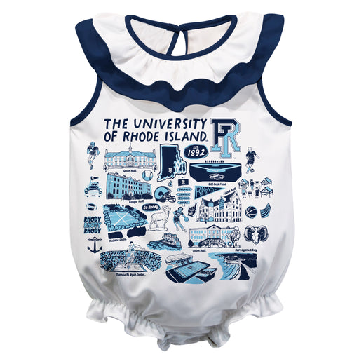 Rhode Island Rams  White Hand Sketched Vive La Fete Impressions Artwork Sleeveless Ruffle Onesie Bodysuit