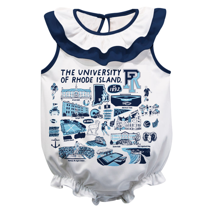 Rhode Island Rams  White Hand Sketched Vive La Fete Impressions Artwork Sleeveless Ruffle Onesie Bodysuit