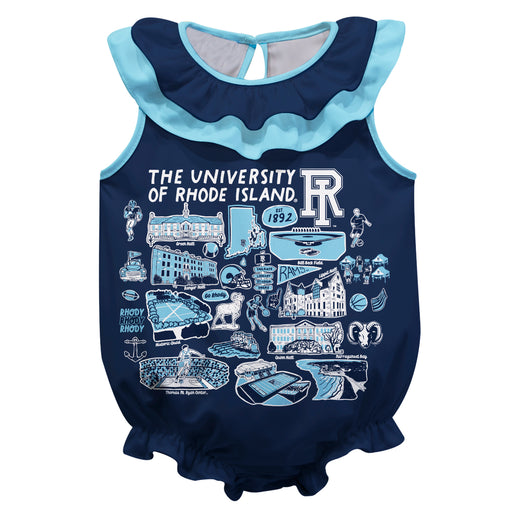 Rhode Island Rams  Navy Hand Sketched Vive La Fete Impressions Artwork Sleeveless Ruffle Onesie Bodysuit