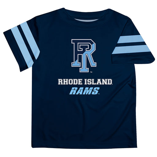 Rhode Island Rams Vive La Fete Boys Game Day Navy Short Sleeve Tee with Stripes on Sleeves