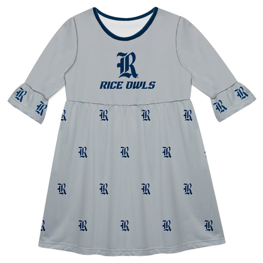 Rice Owls Vive La Fete Girls Game Day 3/4 Sleeve Solid Gray All Over Logo on Skirt