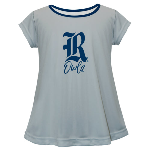 Rice Owls Vive La Fete Girls Game Day Short Sleeve Gray Top with School Logo and Name