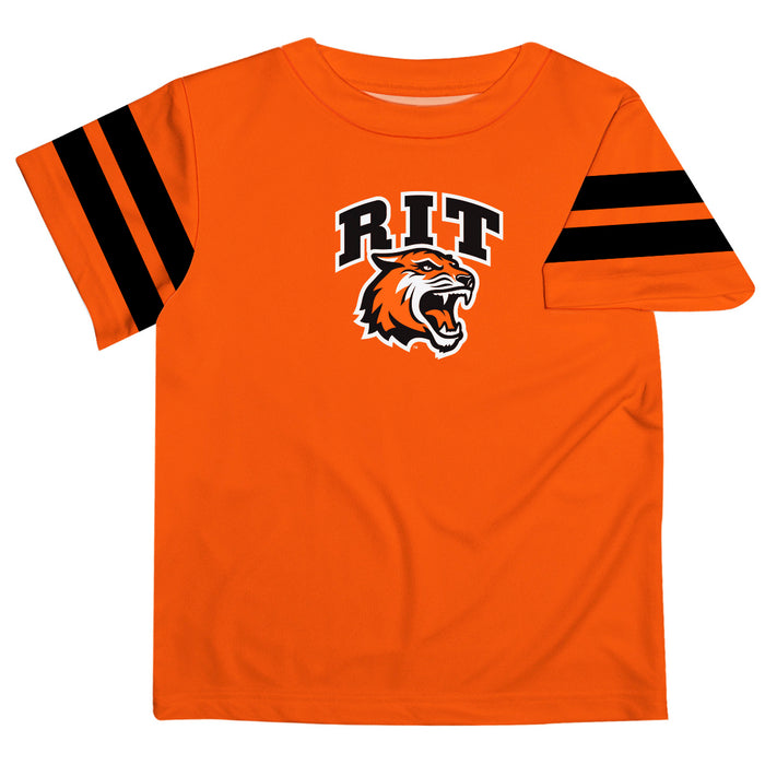 Rochester Institute of Technology Tigers, RIT Tigers Vive La Fete Boys Game Day Orange Short Sleeve Tee with Stripes on