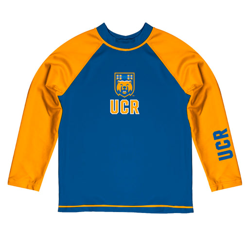 Riverside Highlanders UCR Vive La Fete Logo Blue Yellow Long Sleeve Raglan Rashguard