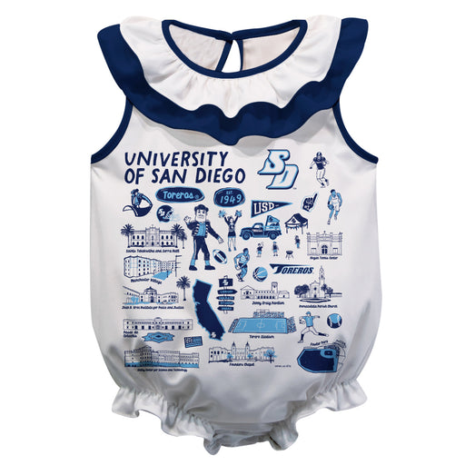 San Diego Toreros  White Hand Sketched Vive La Fete Impressions Artwork Sleeveless Ruffle Onesie Bodysuit