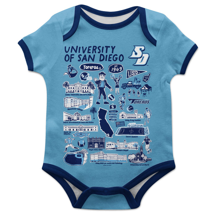 San Diego Toreros Hand Sketched Vive La Fete Impressions Artwork Infant Light Blue Short Sleeve Onesie Bodysuit
