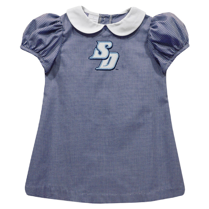 San Diego Toreros Embroidered Navy Gingham Short Sleeve A Line Dress