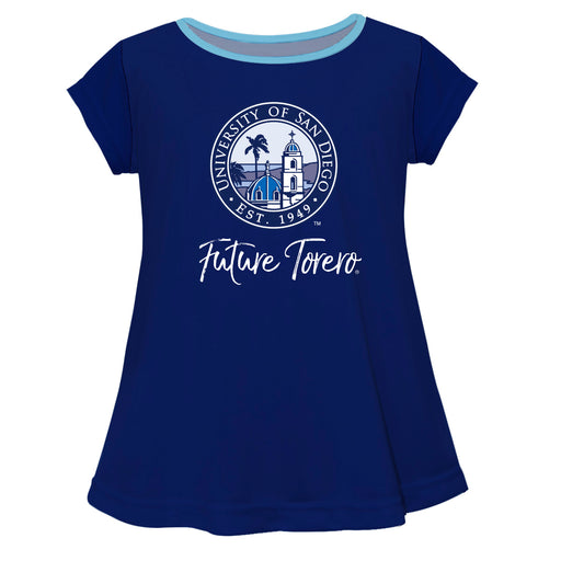 San Diego Toreros Vive La Fete Girls Game Day Short Sleeve Blue Top with School Logo and Name