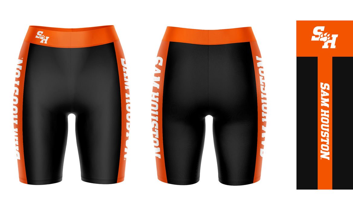 Sam Houston Bearcats Vive La Fete Game Day Logo on Waistband and Orange Stripes Black Women Bike Short 9 Inseam" - Vive La Fête - Online Apparel Store