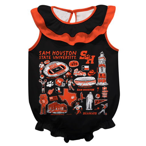 Sam Houston Bearkats  Black Hand Sketched Vive La Fete Impressions Artwork Sleeveless Ruffle Onesie Bodysuit