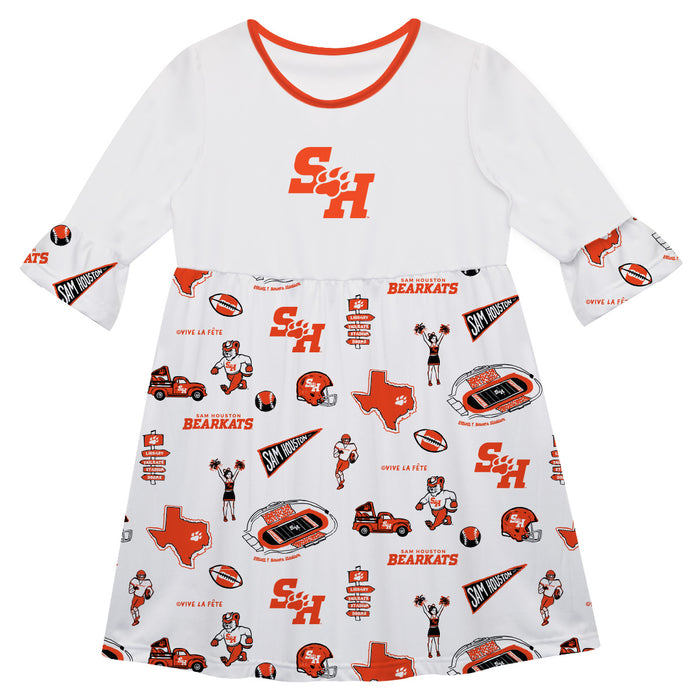 Sam Houston Bearkats 3/4 Sleeve Solid White Repeat Print Hand Sketched Vive La Fete Impressions Artwork on Skirt