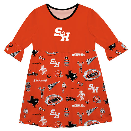 Sam Houston Bearkats 3/4 Sleeve Solid Orange Repeat Print Hand Sketched Vive La Fete Impressions Artwork on Skirt