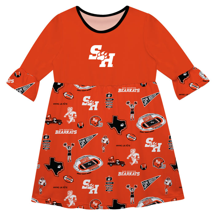 Sam Houston Bearkats 3/4 Sleeve Solid Orange Repeat Print Hand Sketched Vive La Fete Impressions Artwork on Skirt