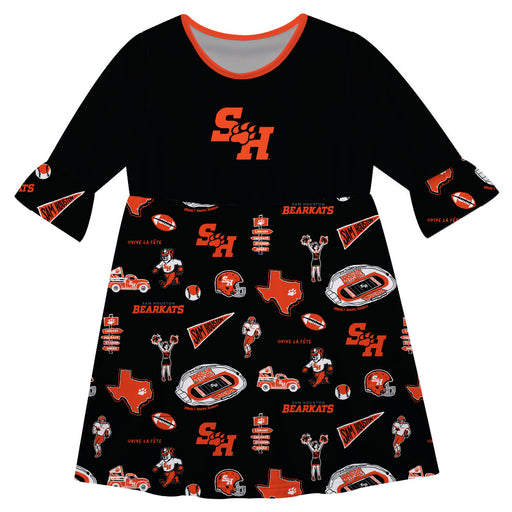 Sam Houston Bearkats 3/4 Sleeve Solid Black Repeat Print Hand Sketched Vive La Fete Impressions Artwork on Skirt