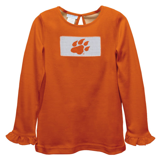 Sam Houston Bearkats Smocked Orange  Knit Ruffle Long Sleeve Girls Tshirt