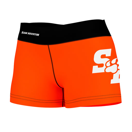 Sam Houston Bearkats Vive La Fete Logo on Thigh & Waistband Orange Black Women Yoga Booty Workout Shorts 3.75 Inseam