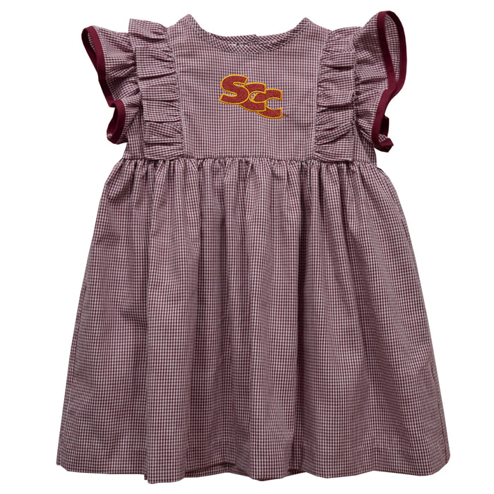 Sacramento City College Panthers Embroidered Maroon Gingham Ruffle Dress