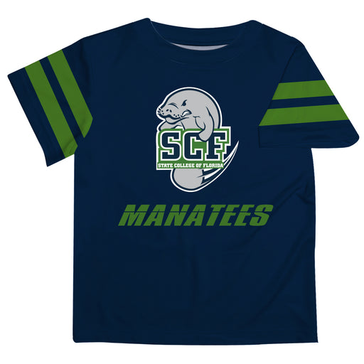 State College of Florida Manatees Vive La Fete Boys Game Day Navy Short Sleeve Tee with Stripes on Sleeves - Vive La Fête - Online Apparel Store
