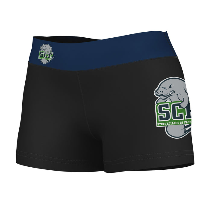 SCF Manatees Vive La Fete Game Day Logo on Thigh and Waistband Black & Navy Women Yoga Booty Workout Shorts 3.75 Inseam"