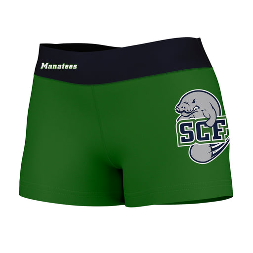 SCF Manatees Vive La Fete Logo on Thigh & Waistband Green Blue Women Yoga Booty Workout Shorts 3.75 Inseam"