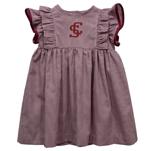Santa Clara Broncos SCU Embroidered Maroon Gingham Ruffle Dress
