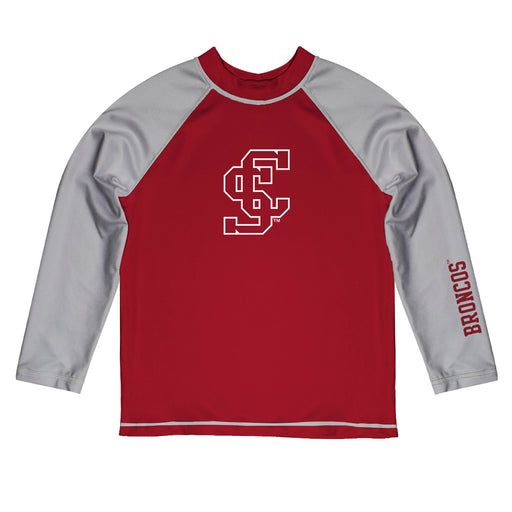 Santa Clara Broncos SCU Vive La Fete Logo Red Gray Long Sleeve Raglan Rashguard