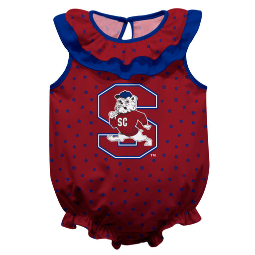 South Carolina State Bulldogs Swirls Red Sleeveless Ruffle Onesie Logo Bodysuit