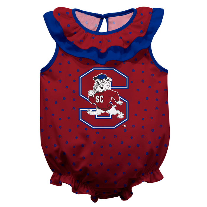 South Carolina State Bulldogs Swirls Red Sleeveless Ruffle Onesie Logo Bodysuit
